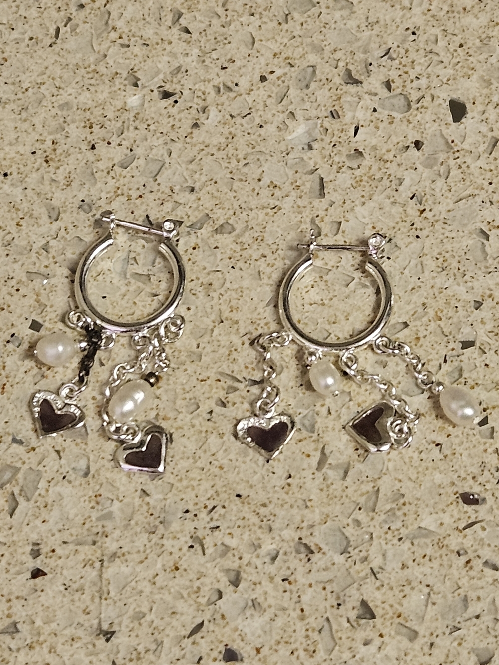 Silver Heart & Pearl Dangle Hoop Earrings